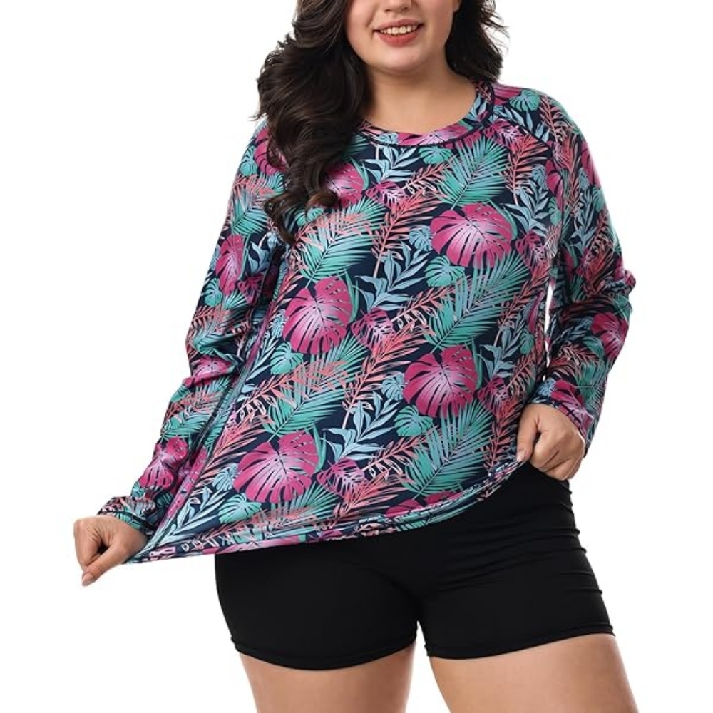 Women's Floral Swim Top Rashguard SPF 50 - Pink and Blue Size 5x